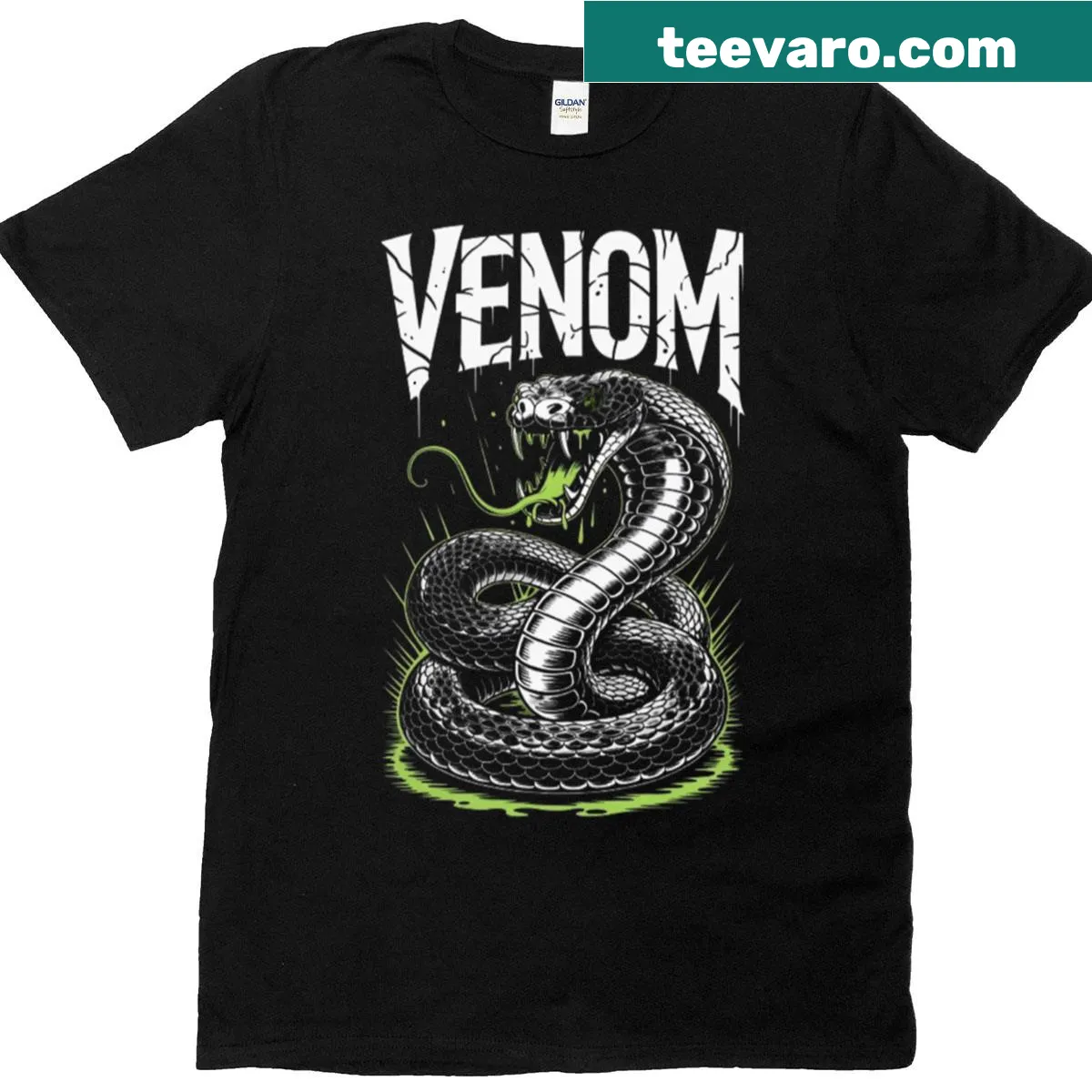Comic typography t-shirt featuring Venom design in bold letters — on a men's t-shirt