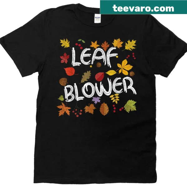 Funny T-shirt featuring a cartoon graphic of a leaf blower for autumn tasks.
