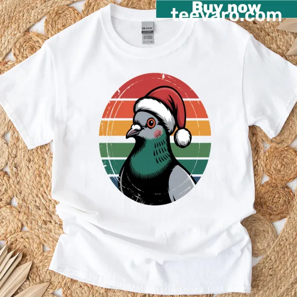 Retro T-shirt with a cute pigeon in a Santa hat graphic