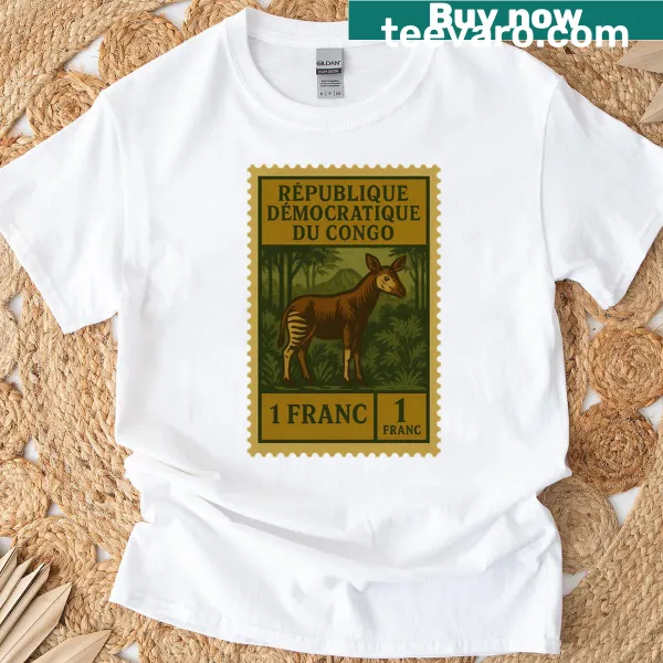 Vintage postage stamp featuring okapi and jungle design