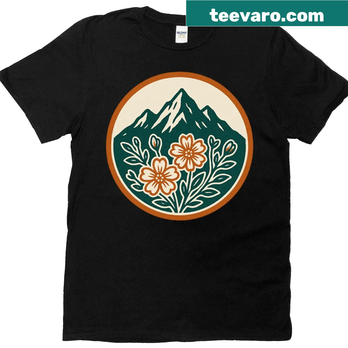 Mountain flower logo vintage T-shirt — on a men's t-shirt