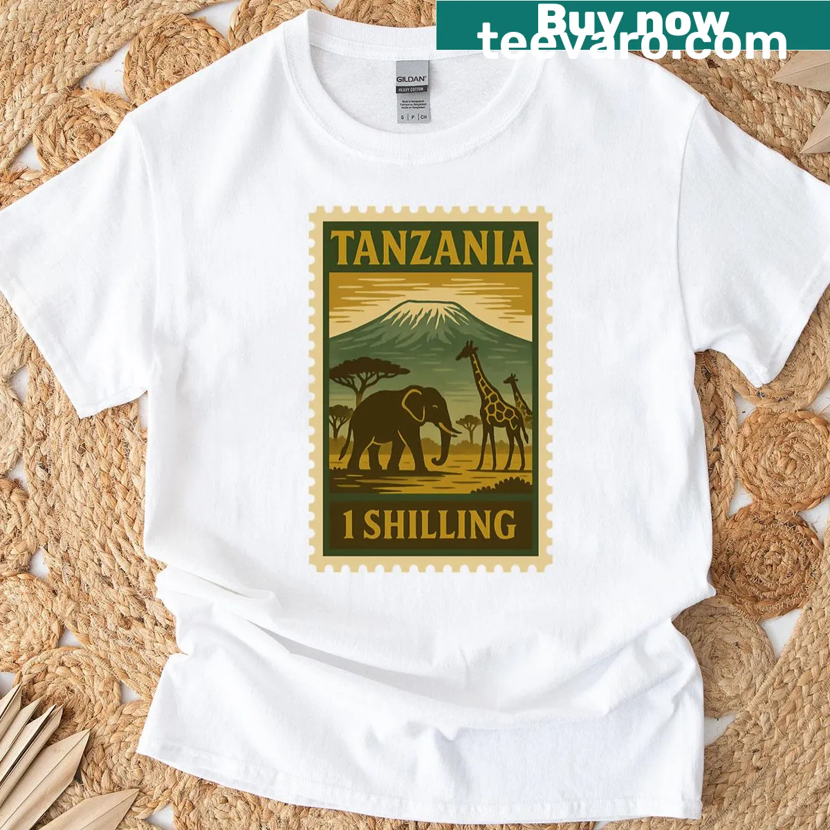Vintage t-shirt with Tanzania postage stamp and wildlife design — on a men's t-shirt
