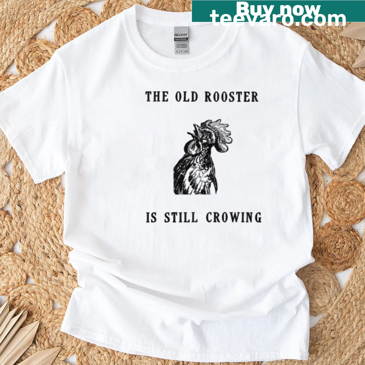 Vintage T-shirt with a rooster graphic and a whimsical saying about rural life. — on a men's t-shirt