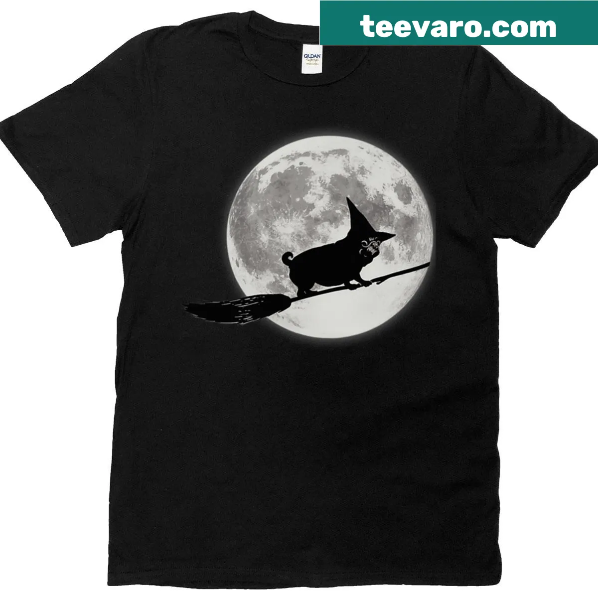 Whimsical T-shirt featuring a pug flying past a full moon — on a men's t-shirt