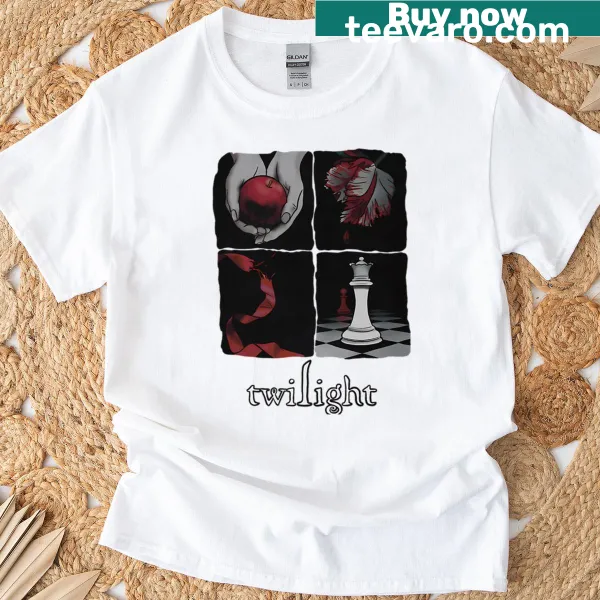Retro tee featuring wolves and vampires in a romantic movie theme.