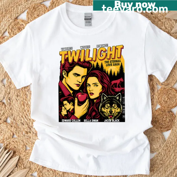 Retro t-shirt featuring wolves and vampires in a romantic theme