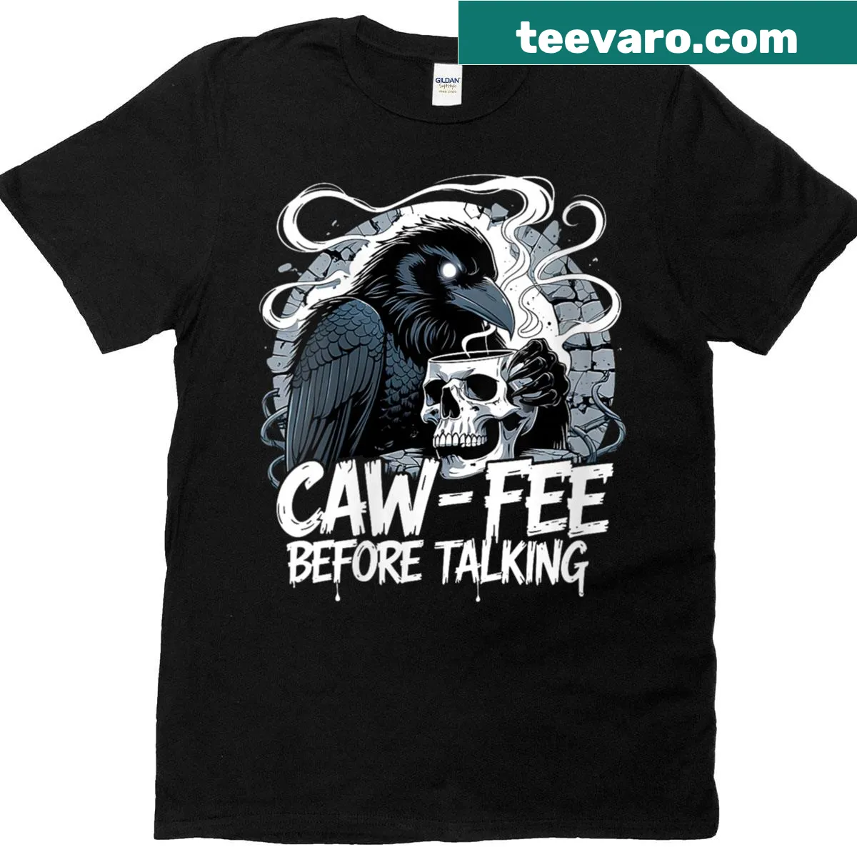 Funny gothic-style t-shirt about coffee and conversation. — on a men's t-shirt