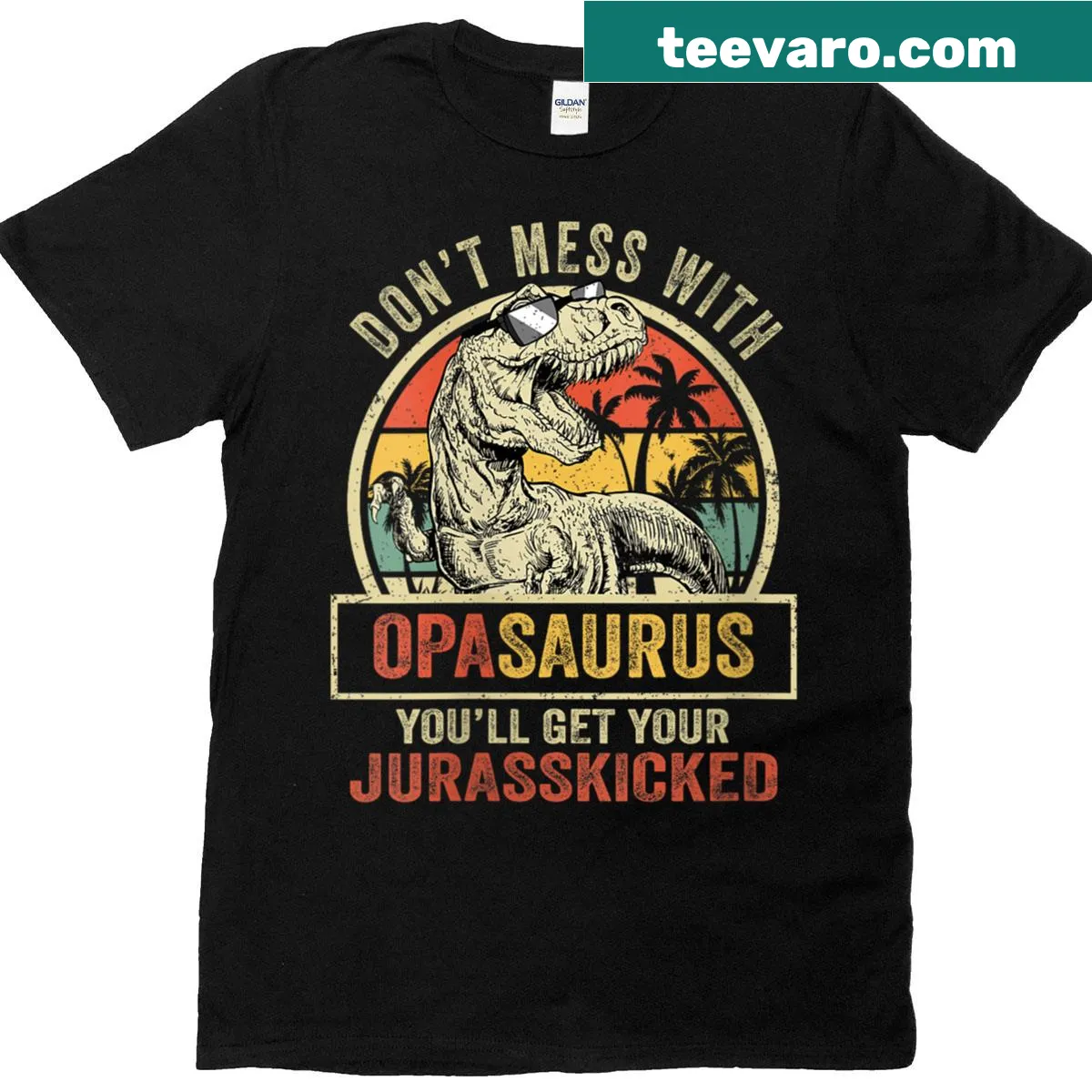 Vintage dinosaur graphic with humorous text about Opasaurus — on a men's t-shirt