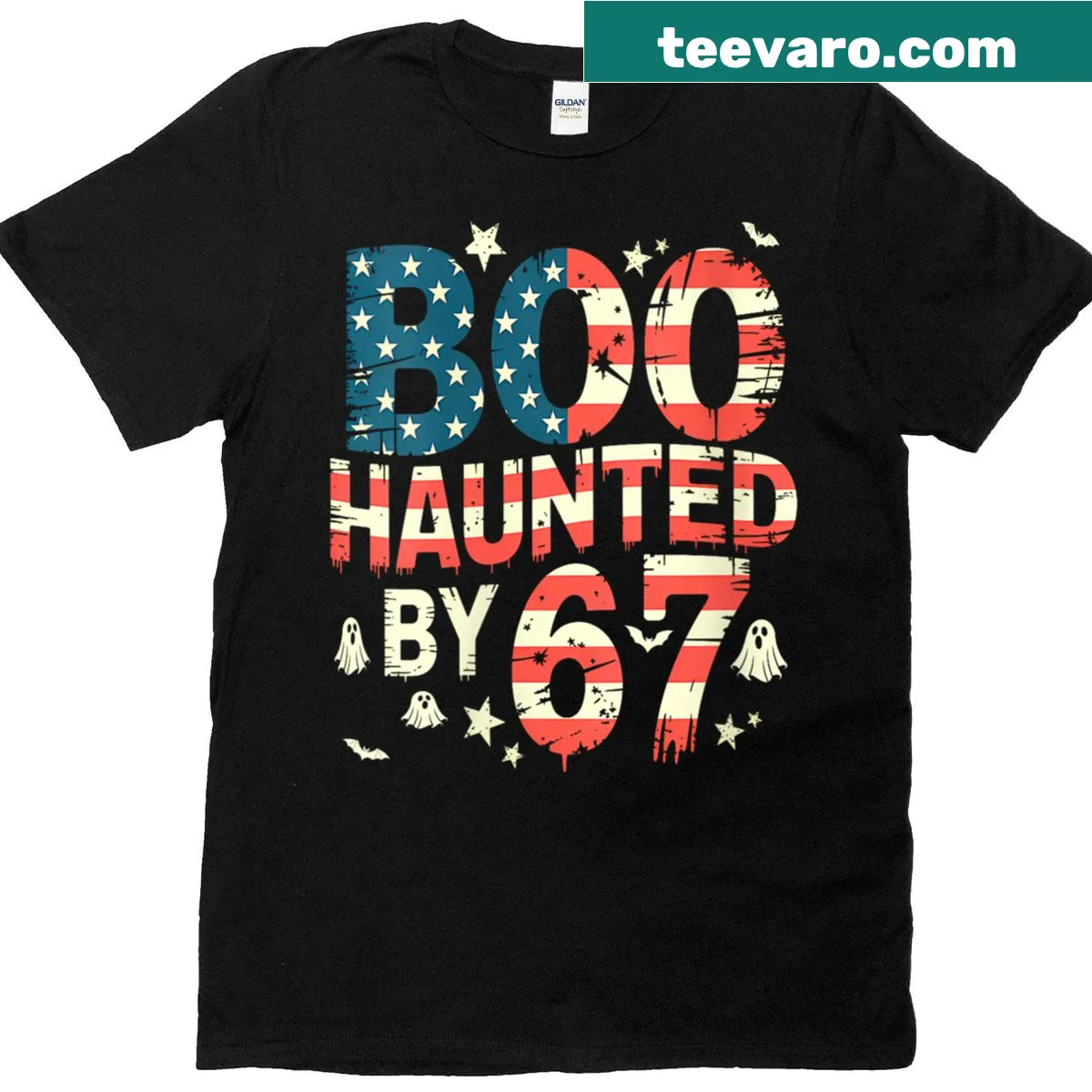 Halloween-themed t-shirt with a whimsical haunted design — on a men's t-shirt