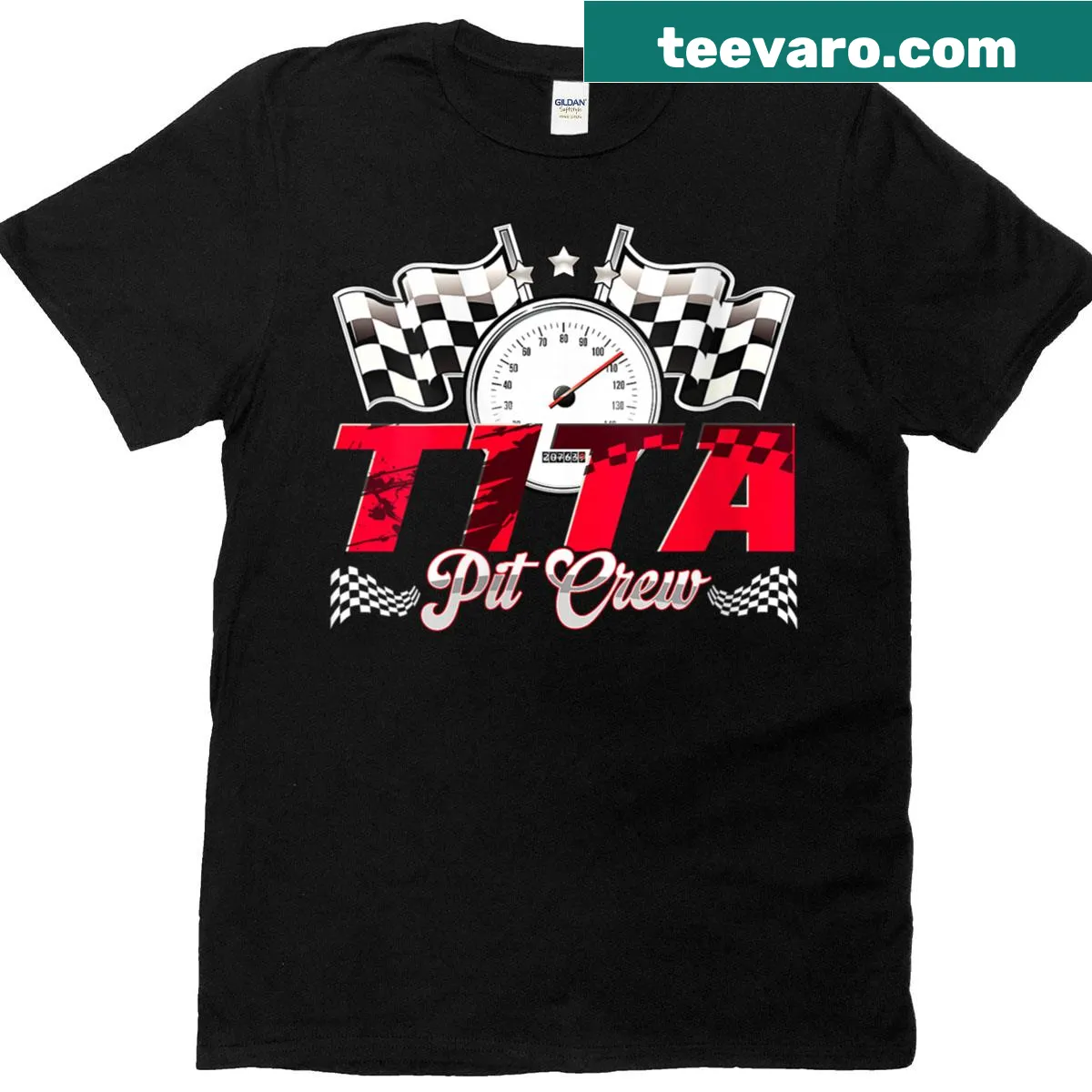 Cartoon-style racing shirt with 'Pit Crew Tita' text and graphic — on a men's t-shirt