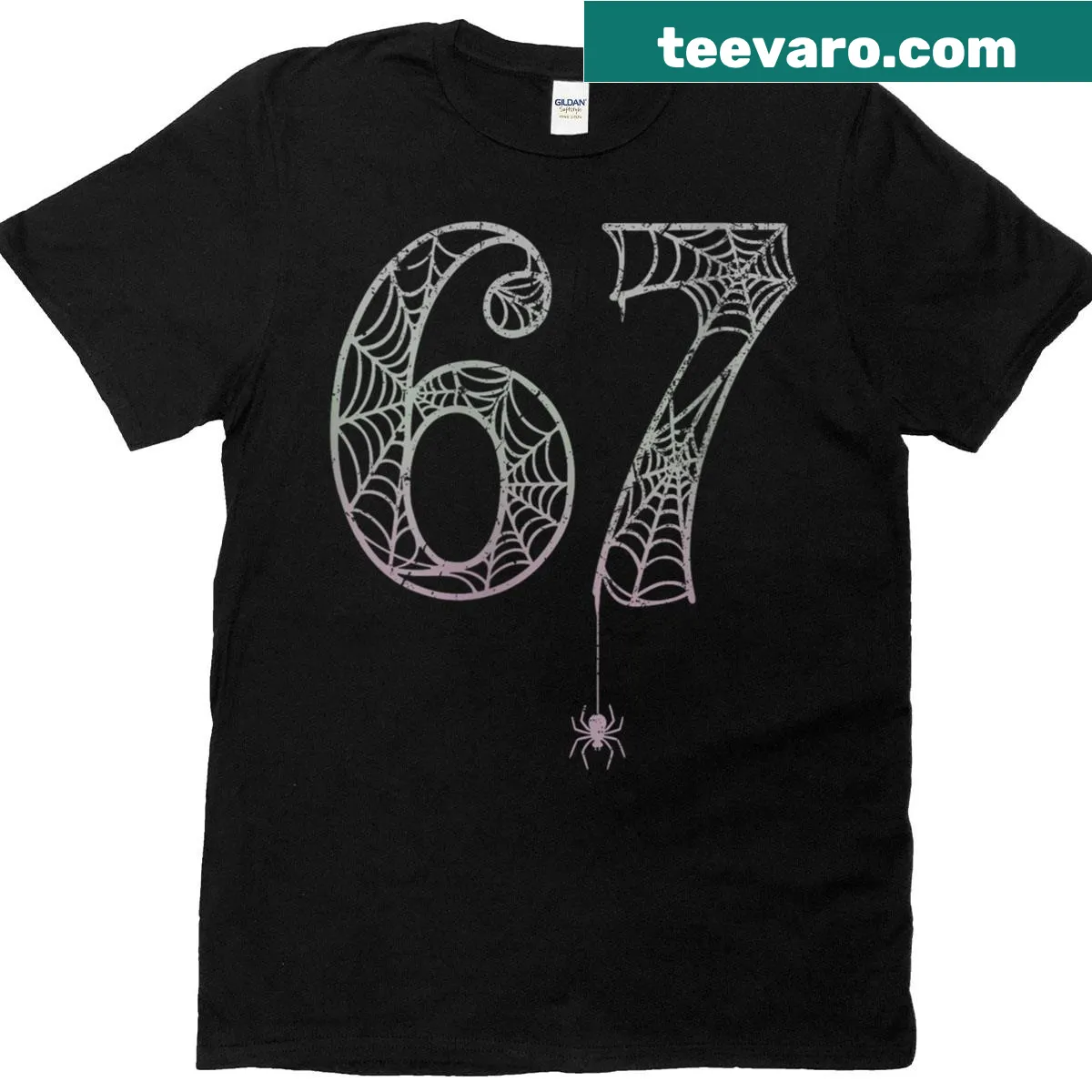 Funny Halloween T-shirt with 'Six Seven' text and a bat graphic. — on a men's t-shirt