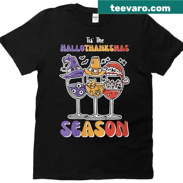 Holiday-themed T-shirt with 'Tis The Hallothanksmas Season' text