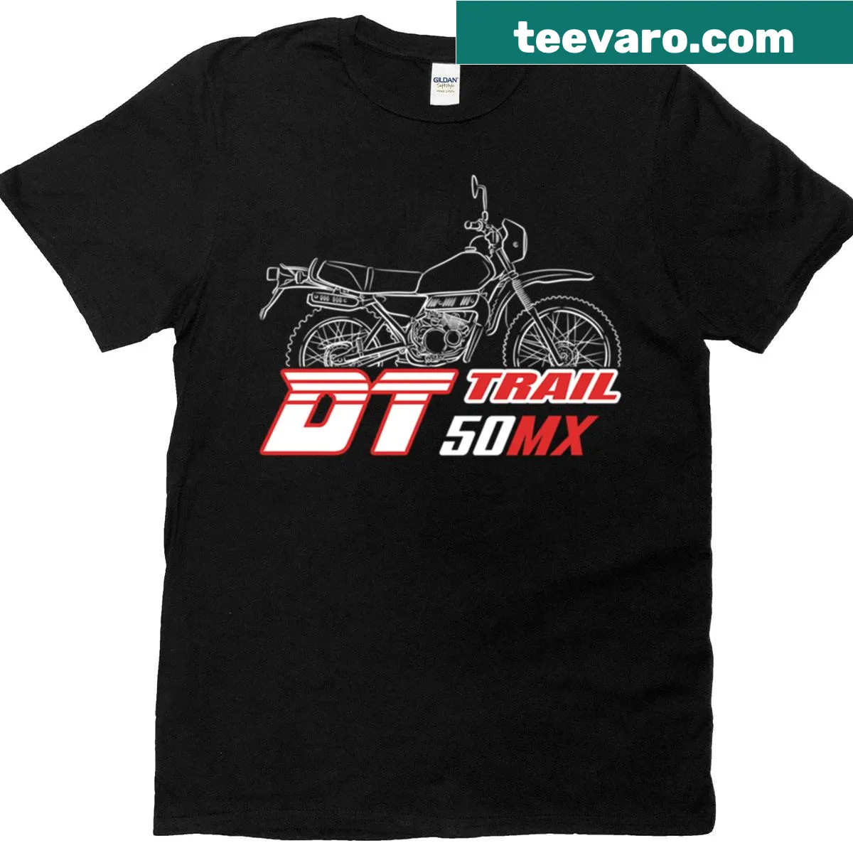 Vintage Yamaha motorcycle t-shirt with detailed graphic of Dt50mx Trail — on a men's t-shirt