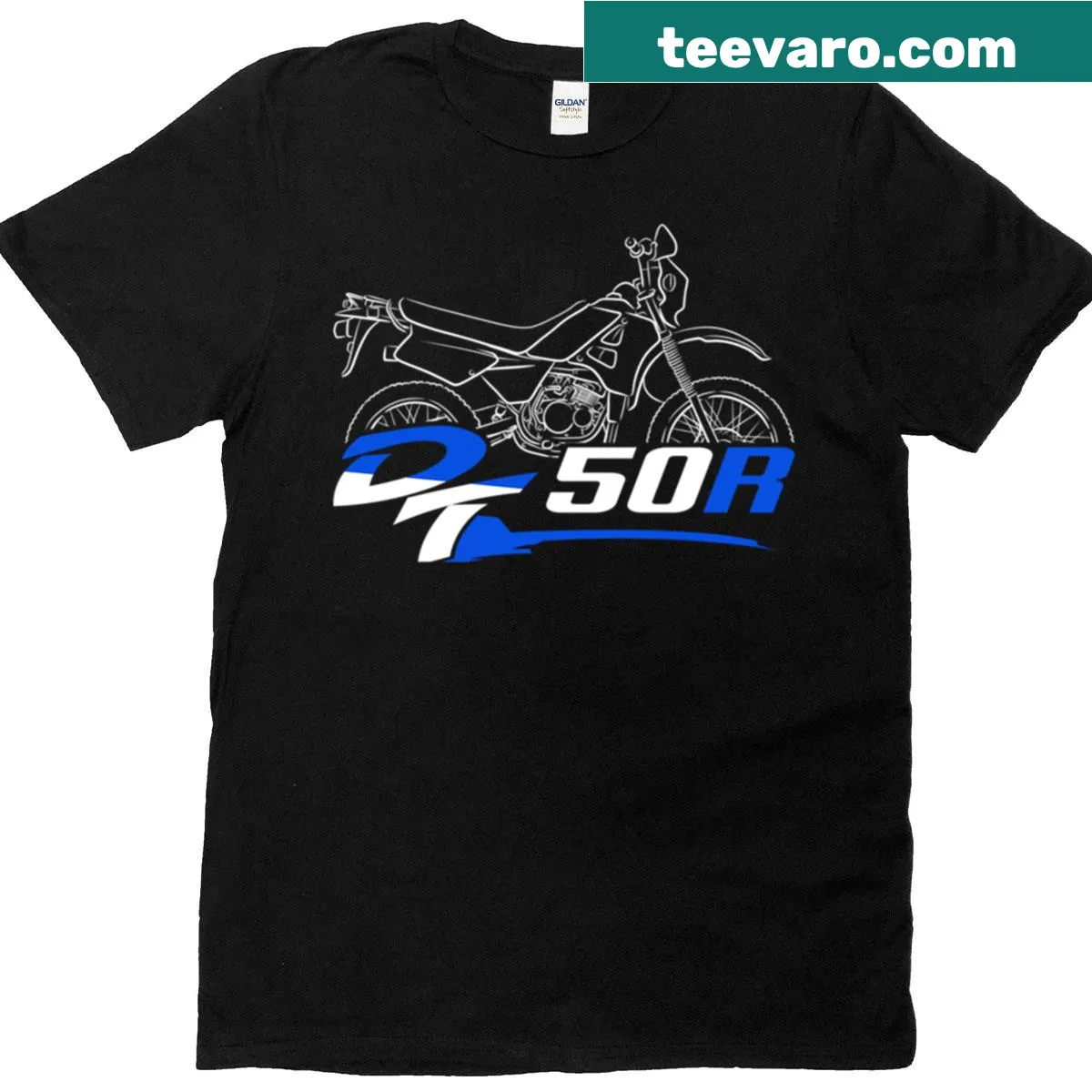 Motorcycle T-shirt featuring the Yamaha DT50R graphic — on a men's t-shirt