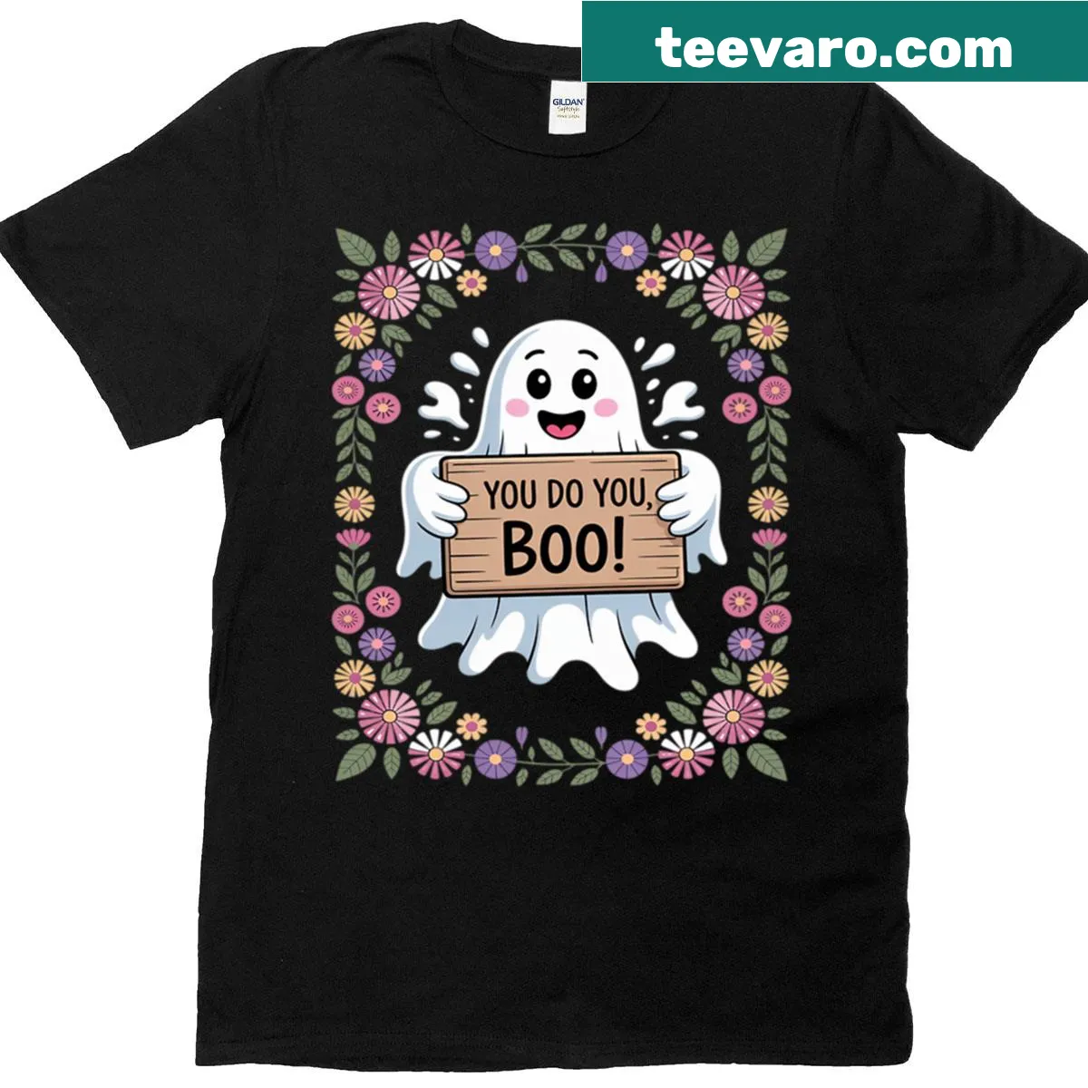 Cute Halloween t-shirt with cartoon ghost and text 'You Do You Boo' — on a men's t-shirt