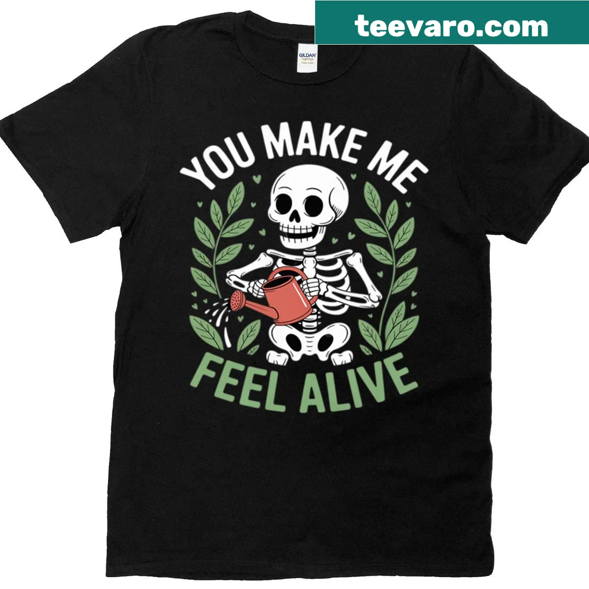 Gardening skeleton t-shirt with playful illustration — on a men's t-shirt