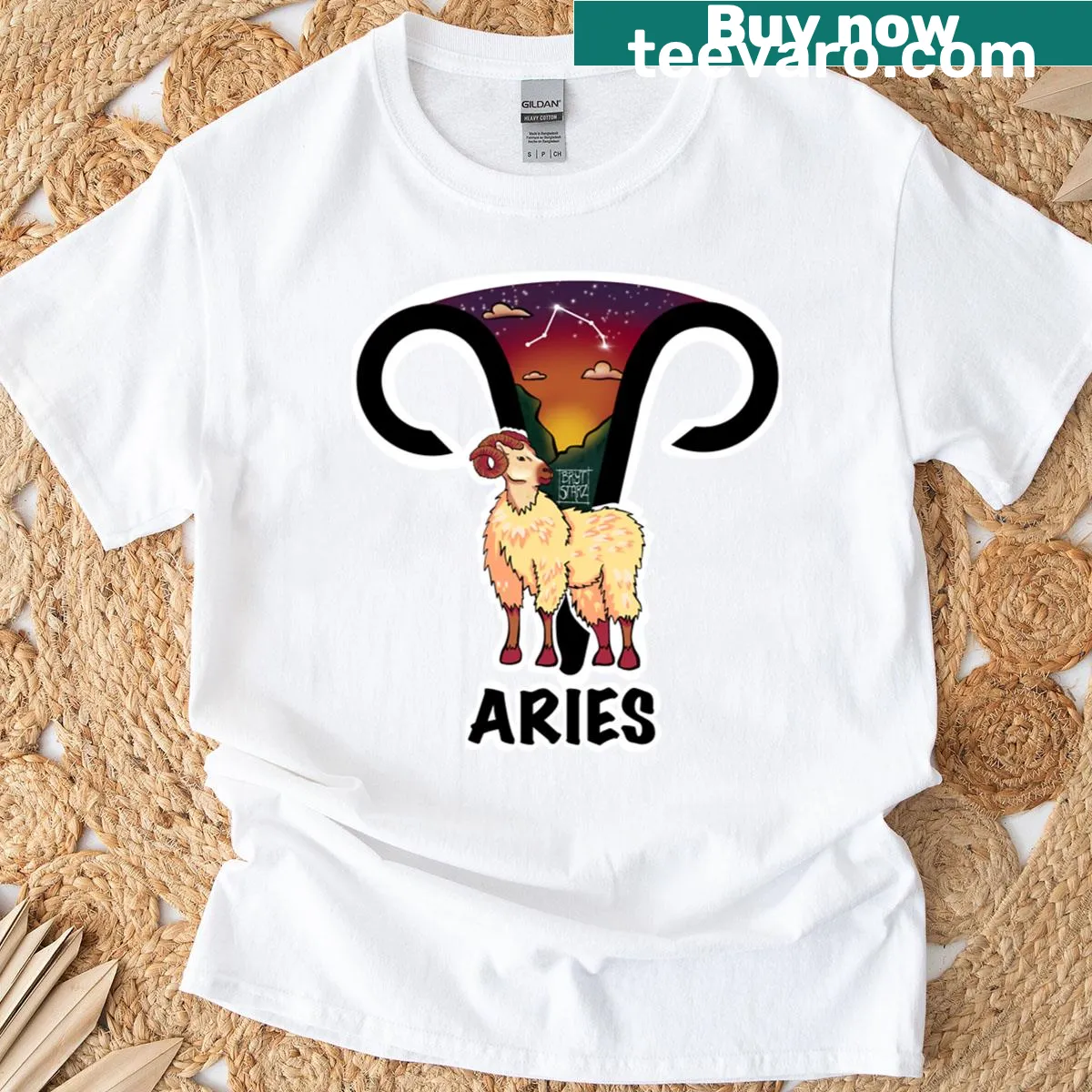 Illustrated Aries constellation t-shirt featuring zodiac elements. — on a men's t-shirt