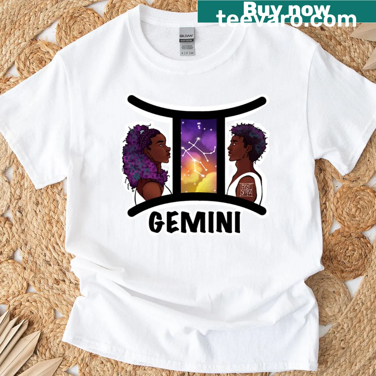 Gemini astrology t-shirt featuring twin figures and constellation design — on a men's t-shirt