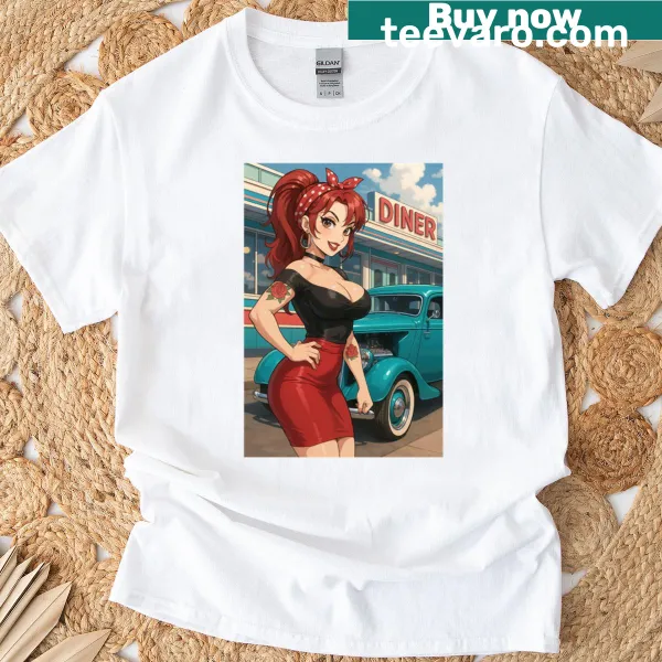 1950s-style anime redhead pinup illustration on a t-shirt