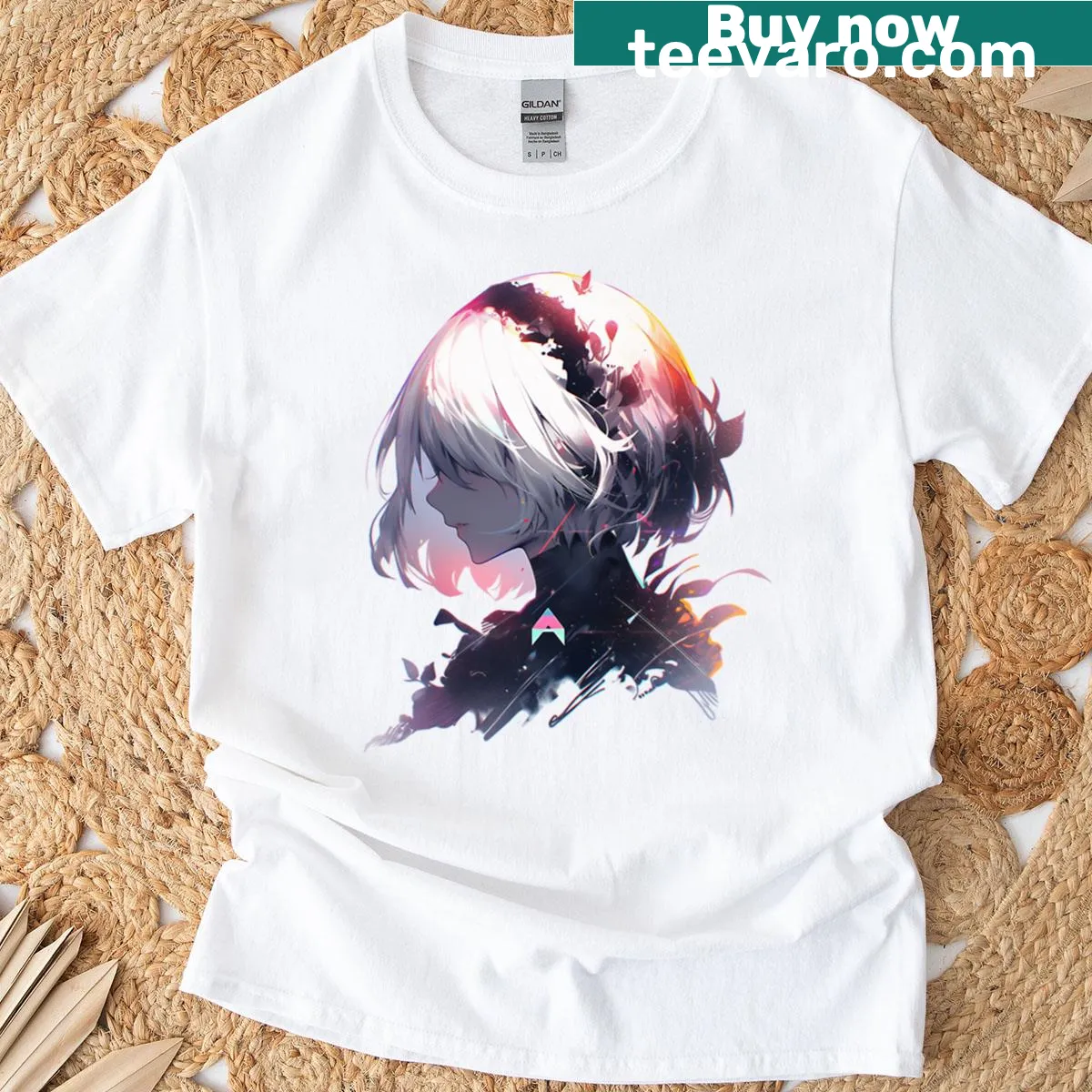 2B Glitch Nier t-shirt featuring bold character illustration — on a men's t-shirt