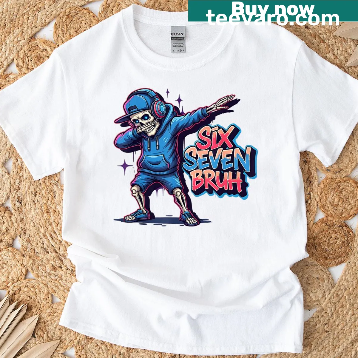Funny kids T-shirt featuring the Bruh skeleton meme for Gen Alpha youth. — on a men's t-shirt