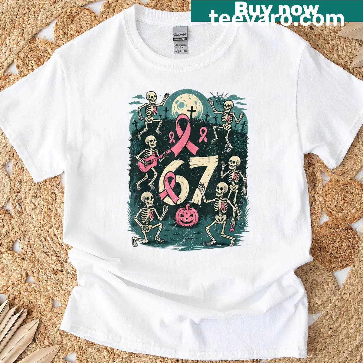Halloween-themed T-shirt with skeletons and pink ribbon design — on a men's t-shirt