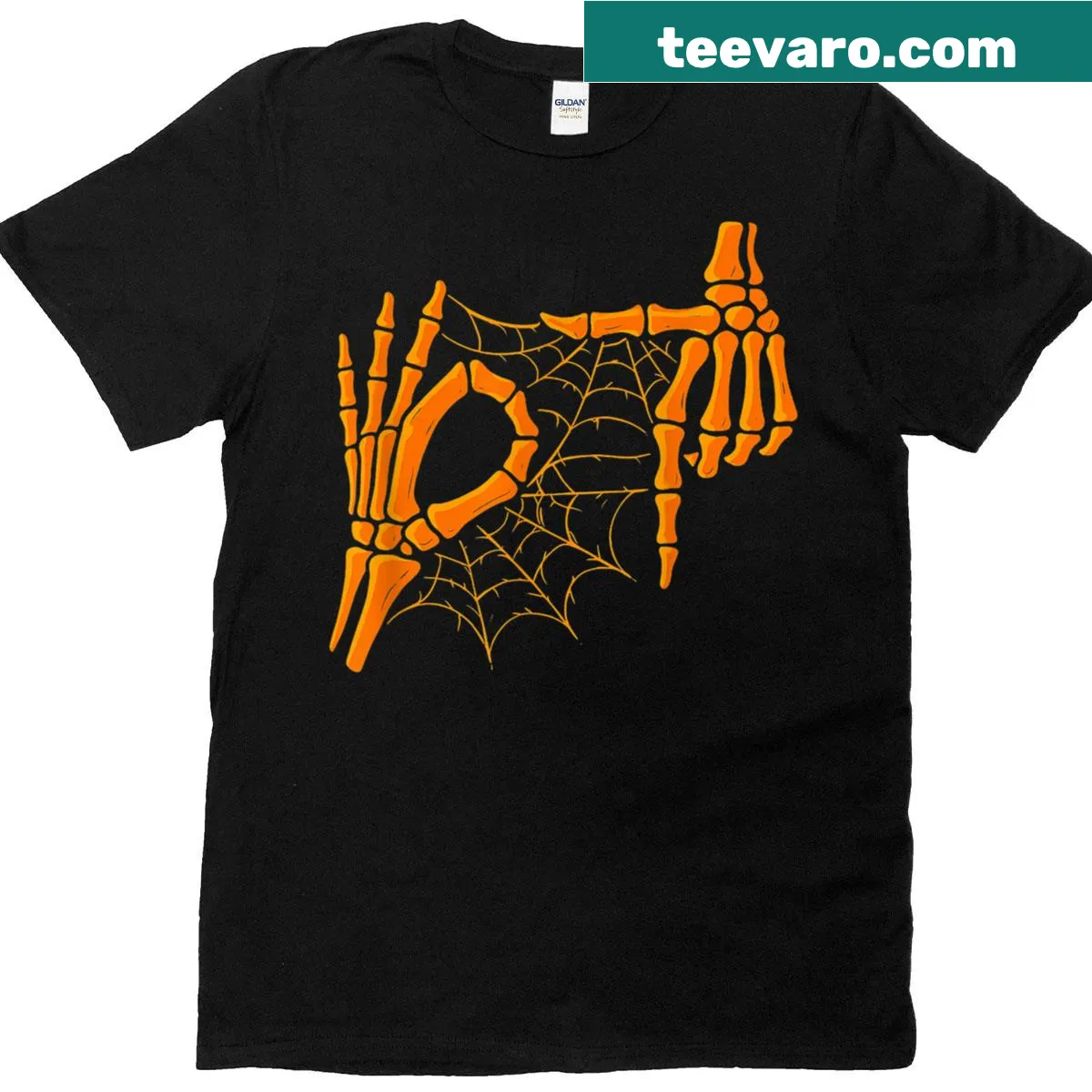 Halloween T-shirt with skeleton hands and spider web design — on a men's t-shirt