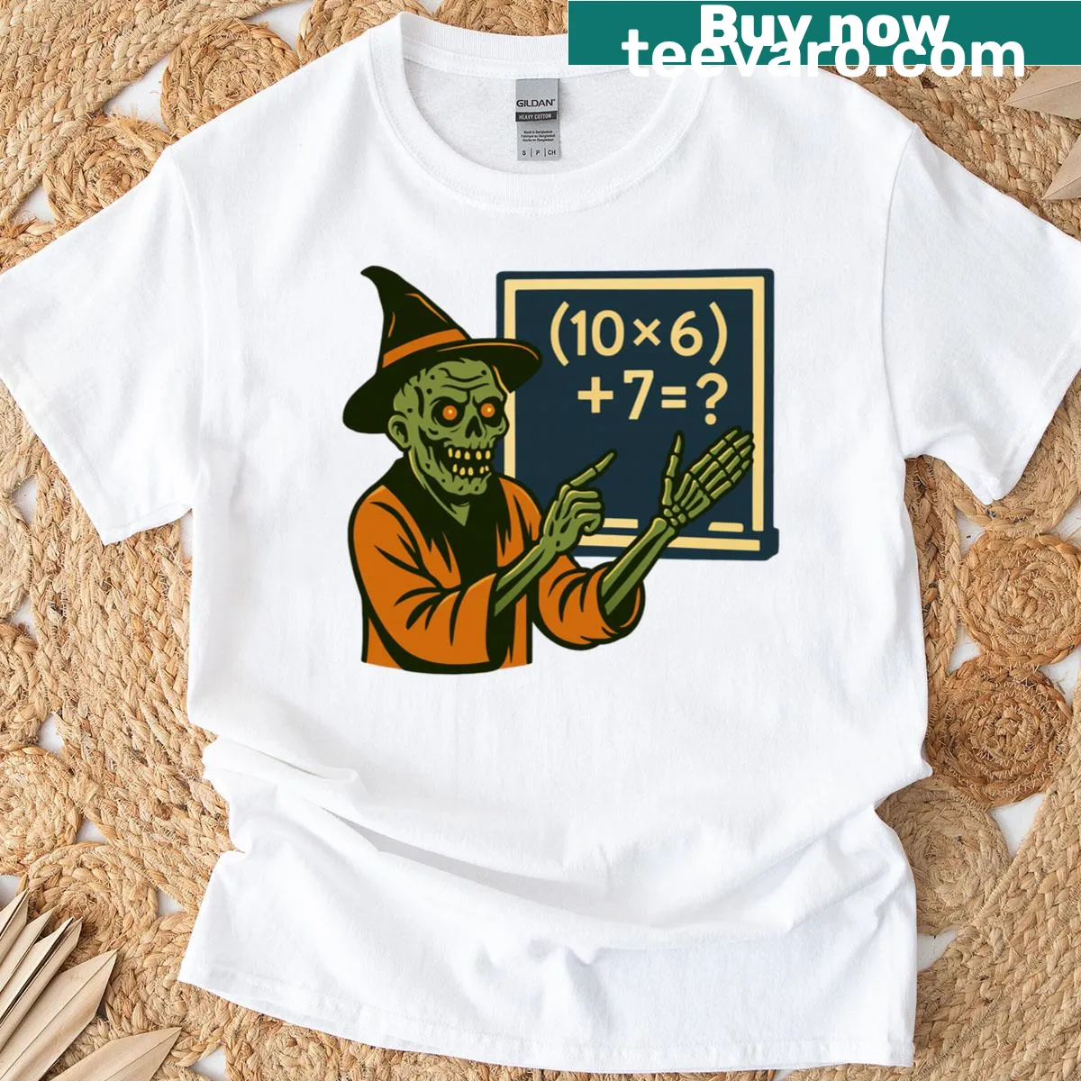 Funny teacher-themed Halloween zombie T-shirt with typography — on a men's t-shirt