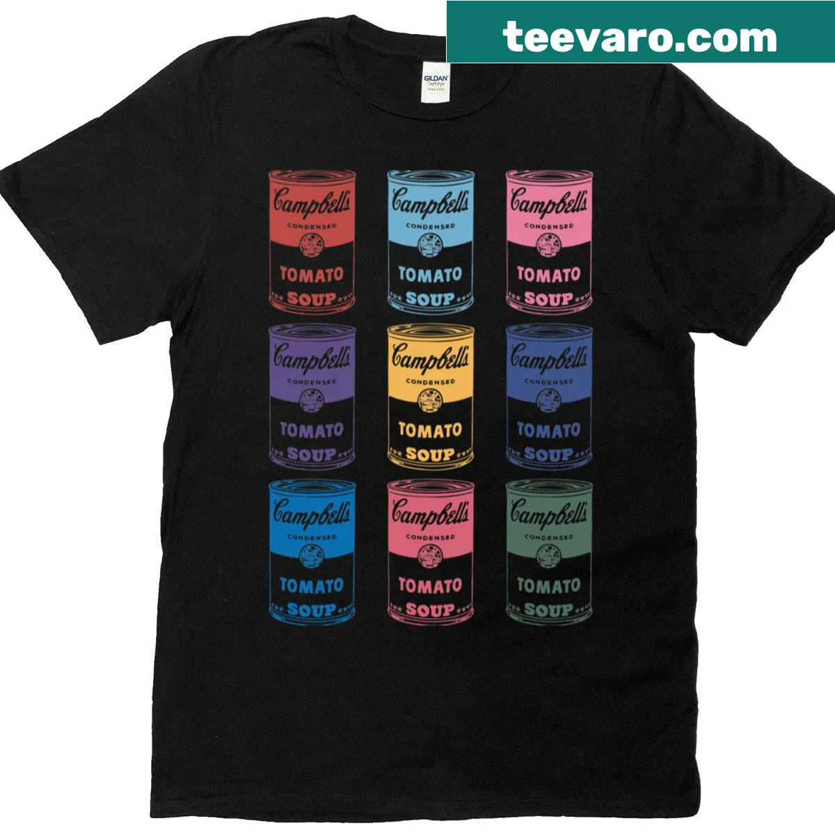 Oversized T-shirt featuring colorful Campbell's soup cans — on a men's t-shirt