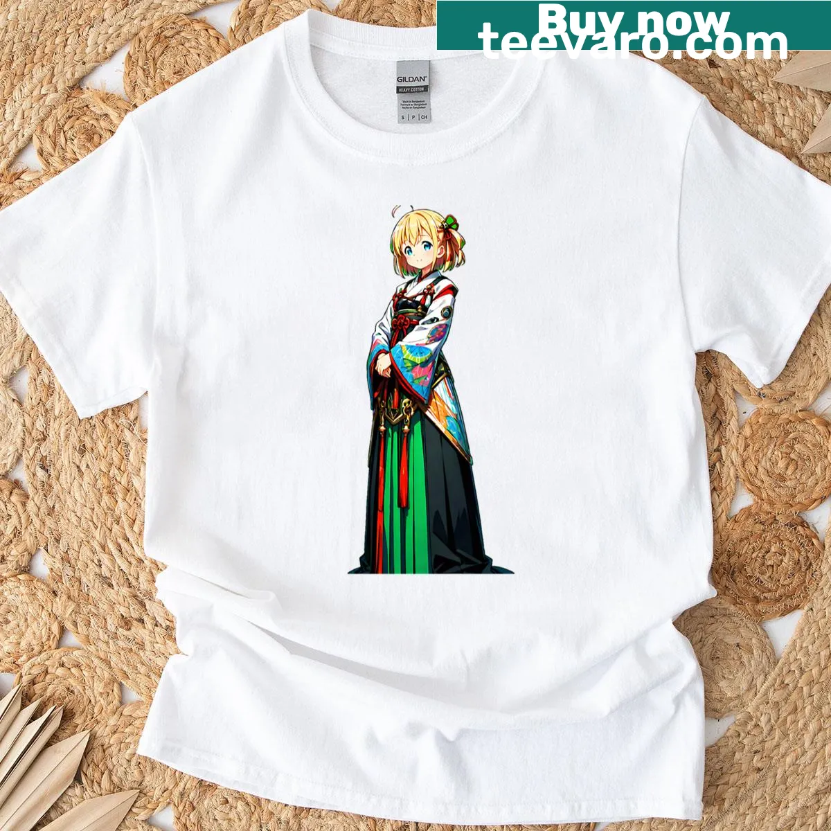 Charming anime girl in a flowing dress t-shirt with elegant illustration — on a men's t-shirt