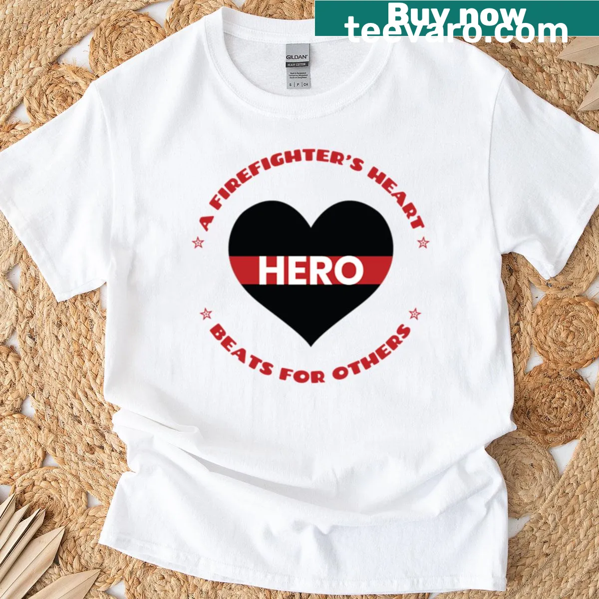 T-shirt with typographic message honoring firefighters — on a men's t-shirt