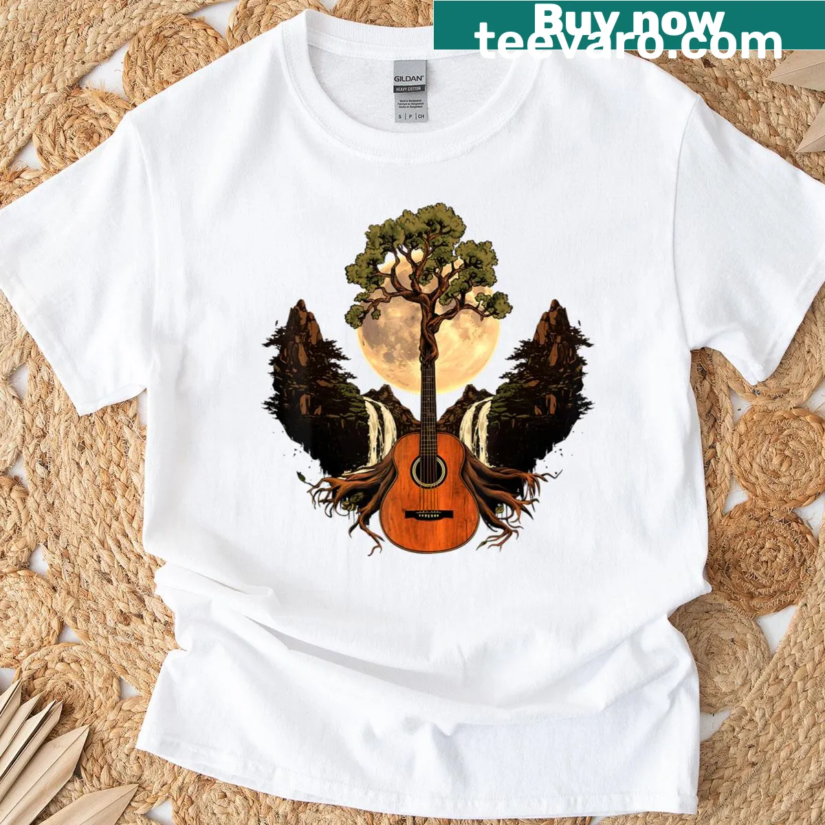 Illustrated t-shirt with an acoustic guitar and nature elements — on a men's t-shirt
