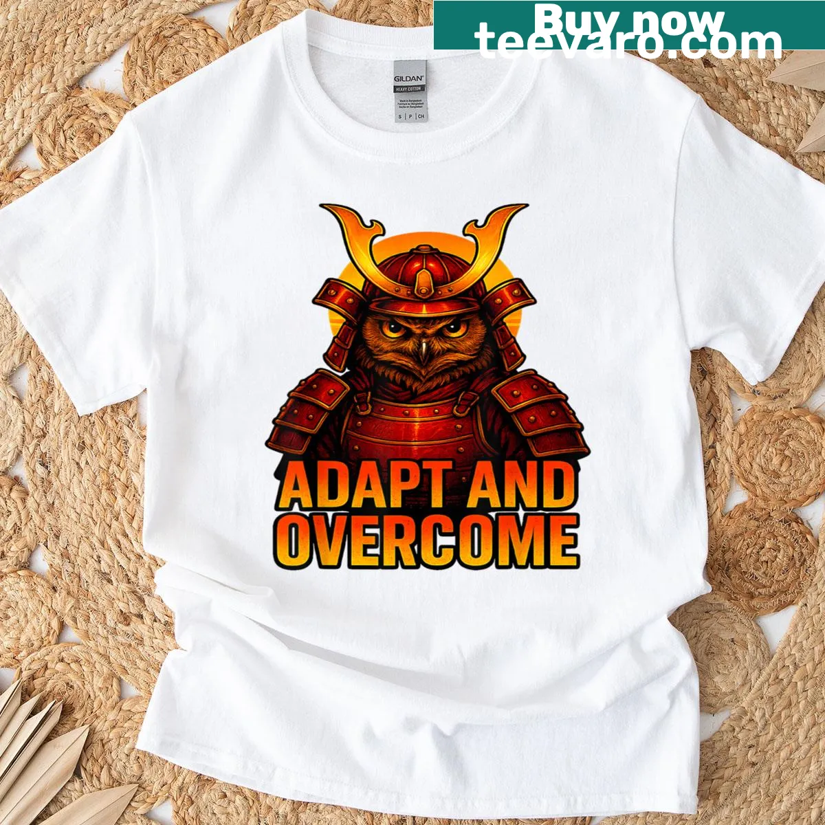T-shirt featuring an owl samurai design, symbolizing resilience and adaptability. — on a men's t-shirt