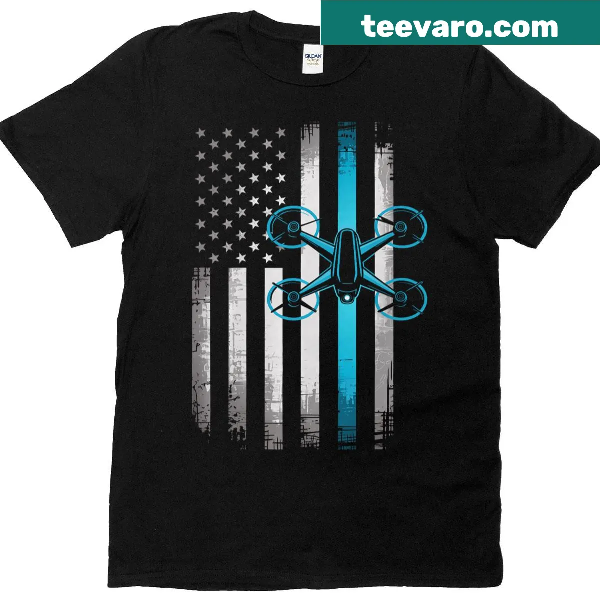 Drone racing themed t-shirt with quadcopter graphic — on a men's t-shirt