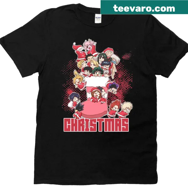 Anime characters in festive poses on a Christmas-themed T-shirt