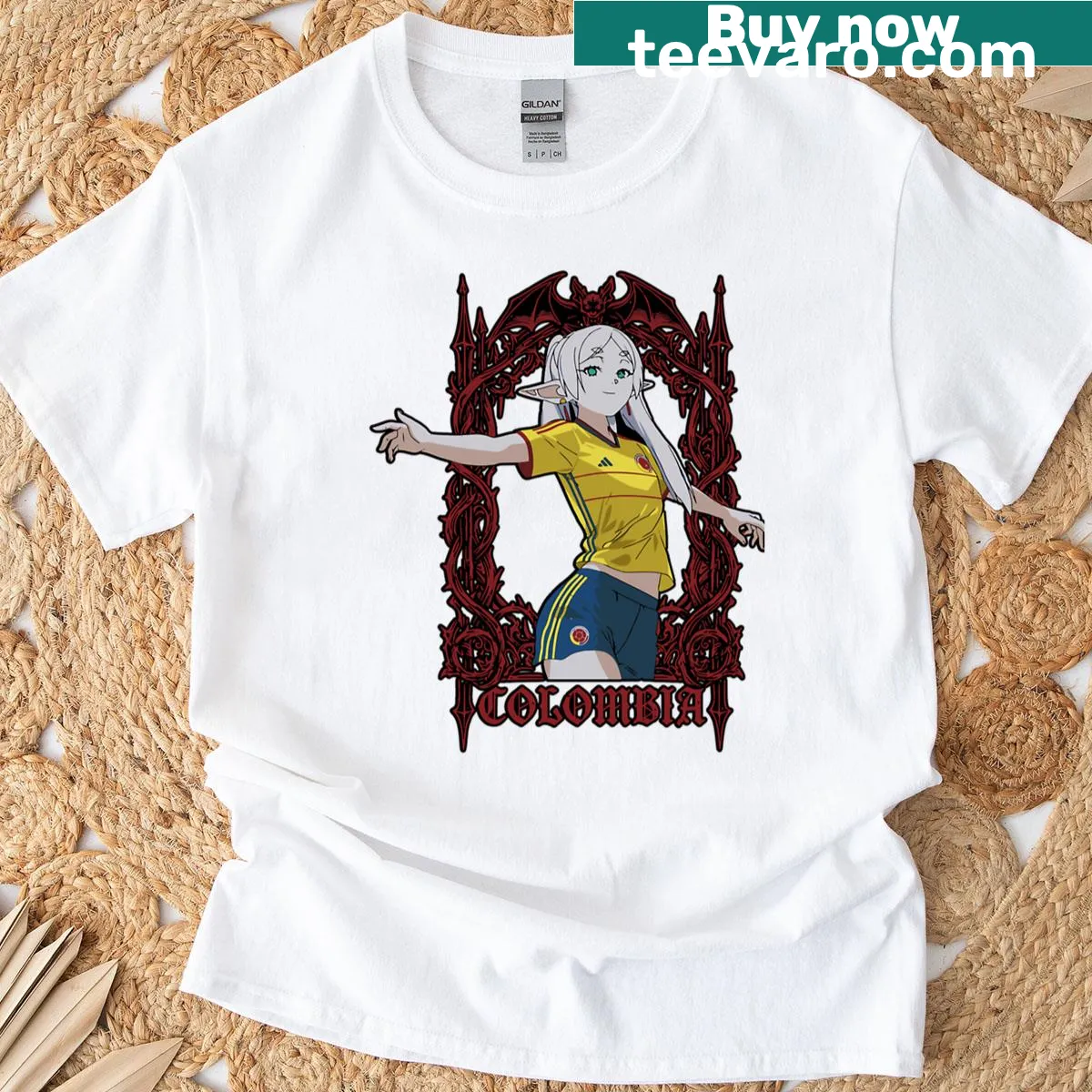 Anime character in Colombian national team uniform on a t-shirt — on a men's t-shirt