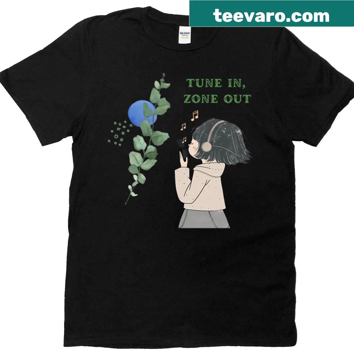 T-shirt depicting a girl immersed in music, showcasing anime culture. — on a men's t-shirt