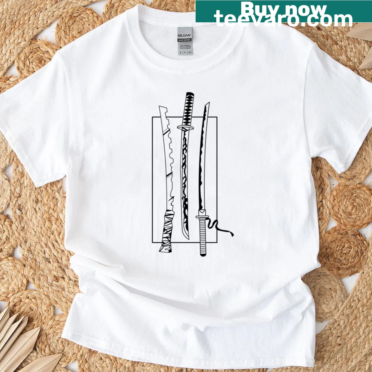 Anime warriors graphic T-shirt with sword designs — on a men's t-shirt