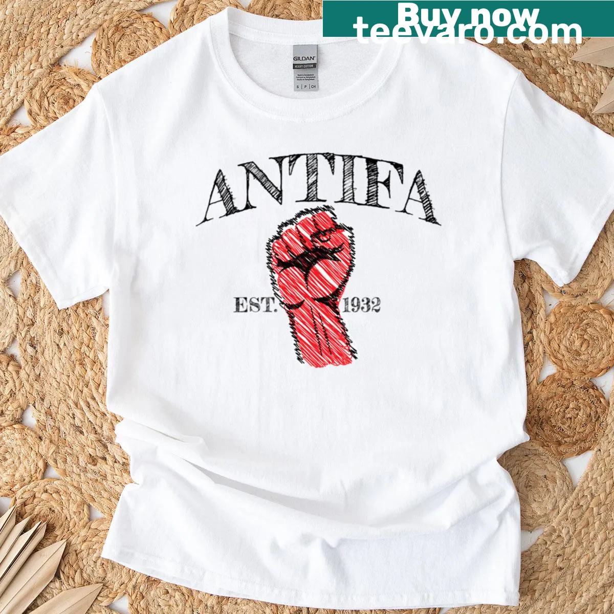 College-style t-shirt with Antifa resistance fist graphic — on a men's t-shirt