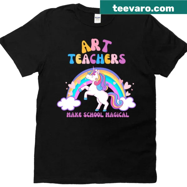 T-shirt featuring a whimsical unicorn and text celebrating art teachers.