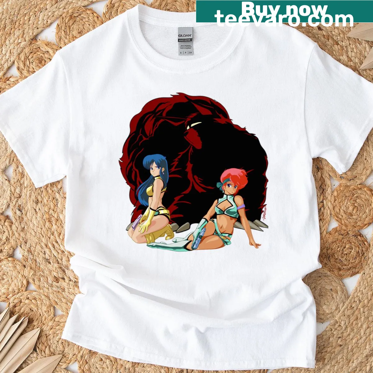 Illustration of The Dirty Pair characters on a t-shirt — on a men's t-shirt