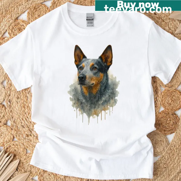 Watercolor portrait of an Australian Cattle Dog on a t-shirt