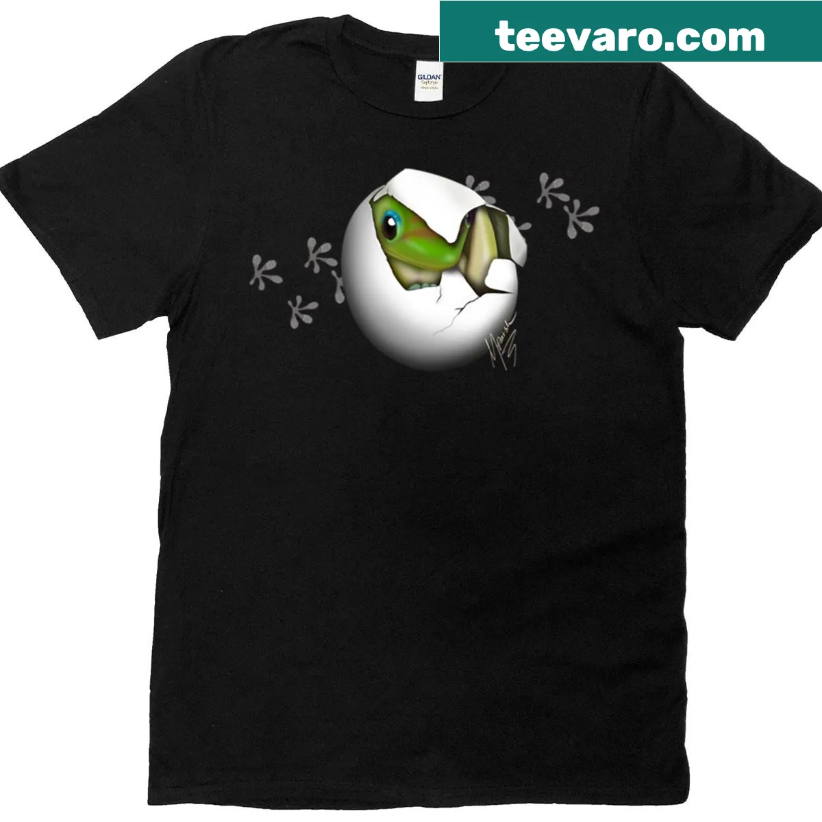Charming T-shirt featuring a baby gecko hatching from an egg — on a men's t-shirt