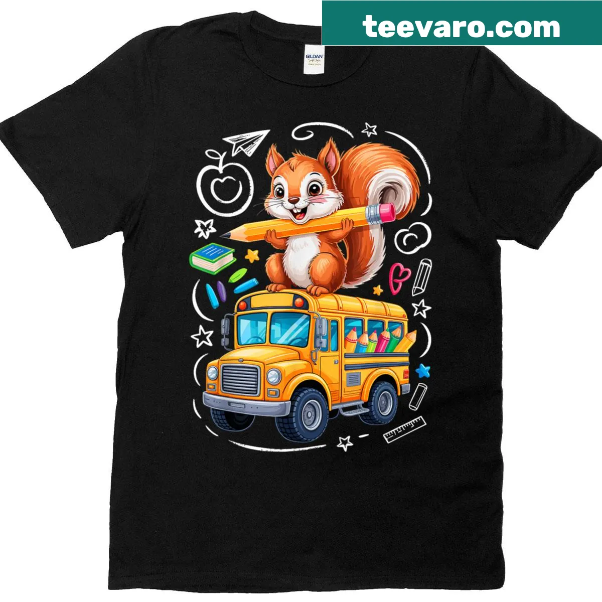 Cartoon squirrel in a school bus on a kids T-shirt — on a men's t-shirt