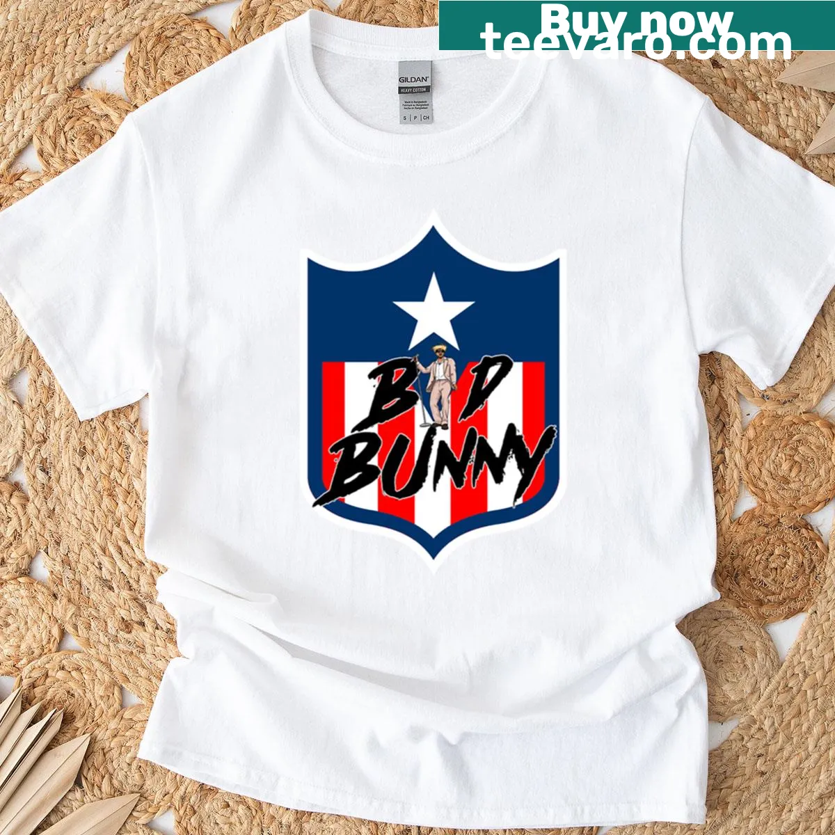 Vintage-style T-shirt featuring Bad Bunny and Superbowl design — on a men's t-shirt