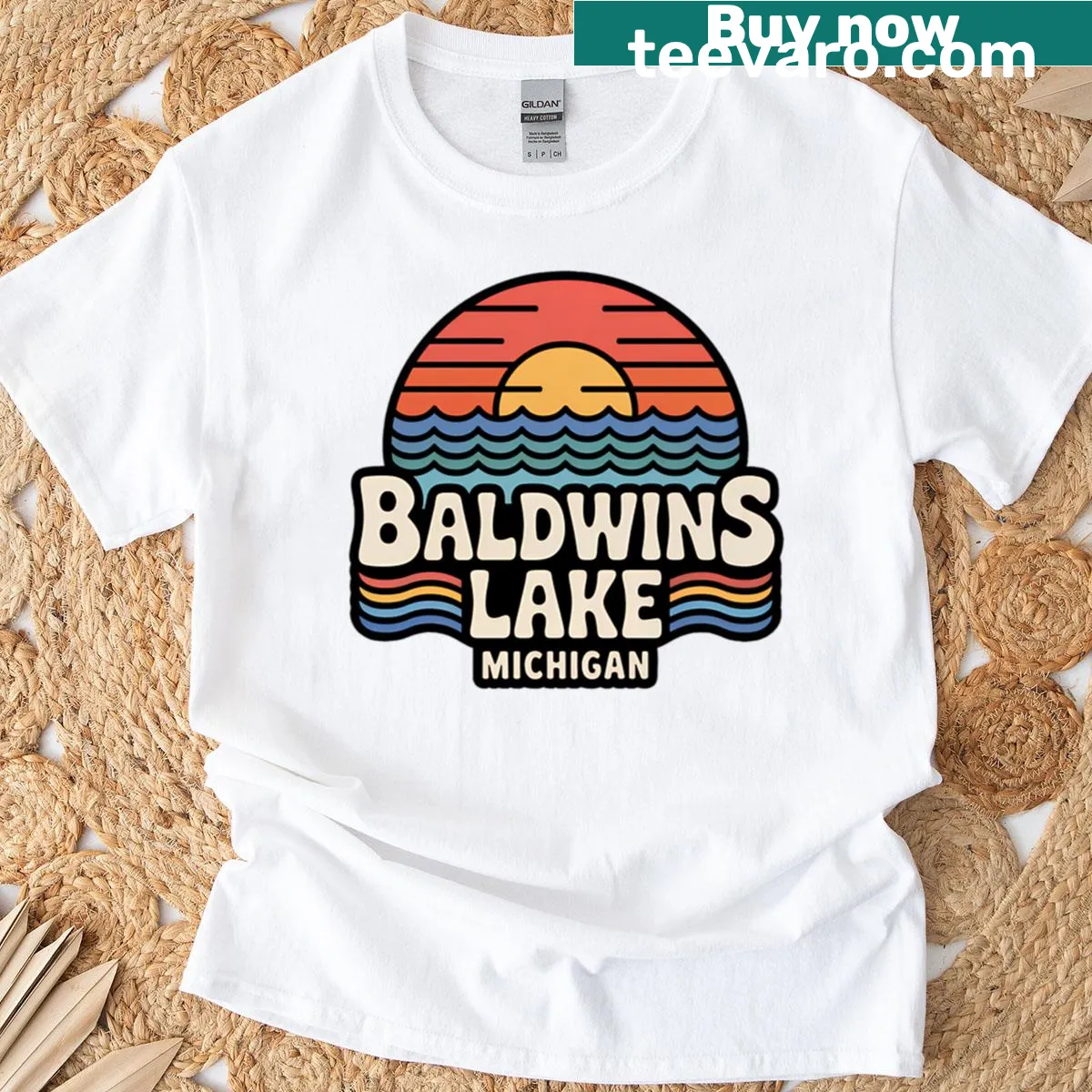 Retro sunset graphic over Baldwin Lake on t-shirt — on a men's t-shirt