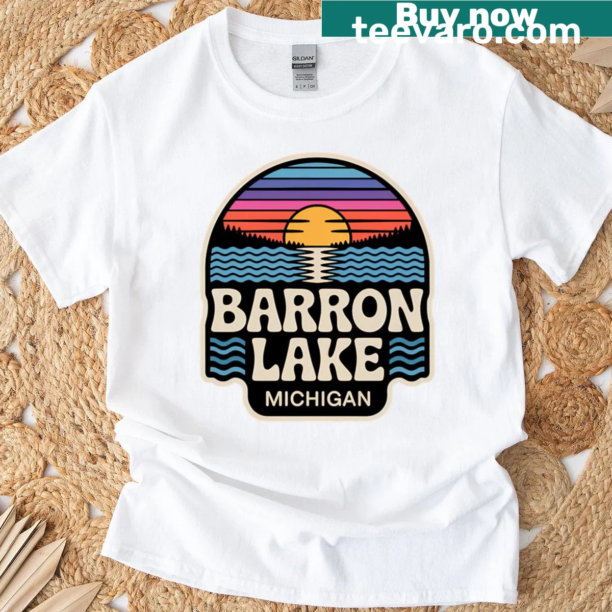Retro sunset graphic over Barron Lake on t-shirt — on a men's t-shirt