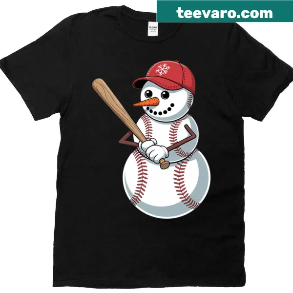 Christmas T-shirt featuring cute cartoon baseballs in holiday attire