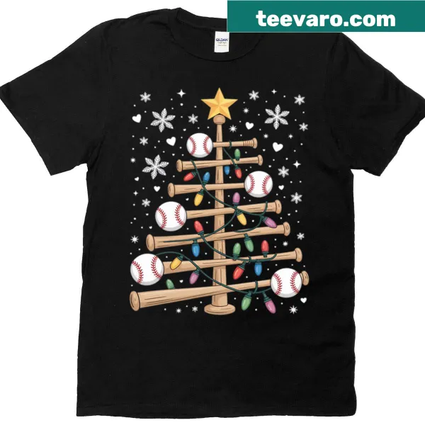 Illustration of baseballs as Christmas tree ornaments on a kids' T-shirt.