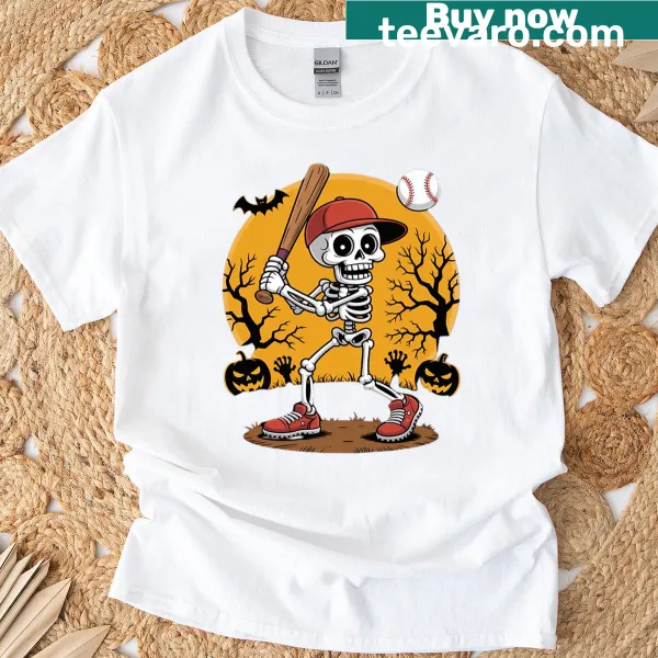 Cartoon skeleton baseball player T-shirt for Halloween